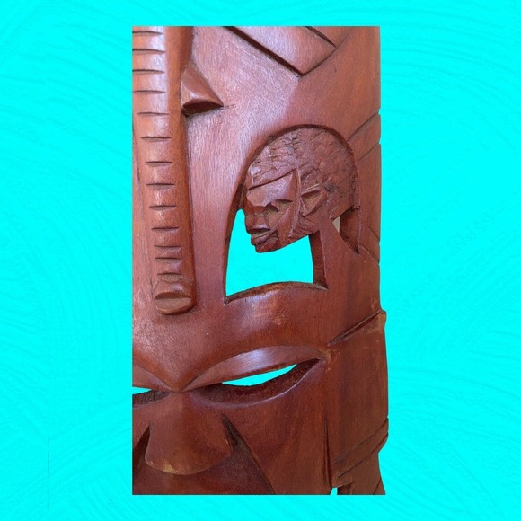 African Wooden Hand Carved Mask Humans And Elephant Carvings 16” Vtg - Picture 6 of 11